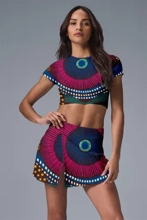 Women's Open Back Crop Top and Skort Set – 2-Piece Activewear Outfit with Burst Print for Tennis, Gym & Festival Looks