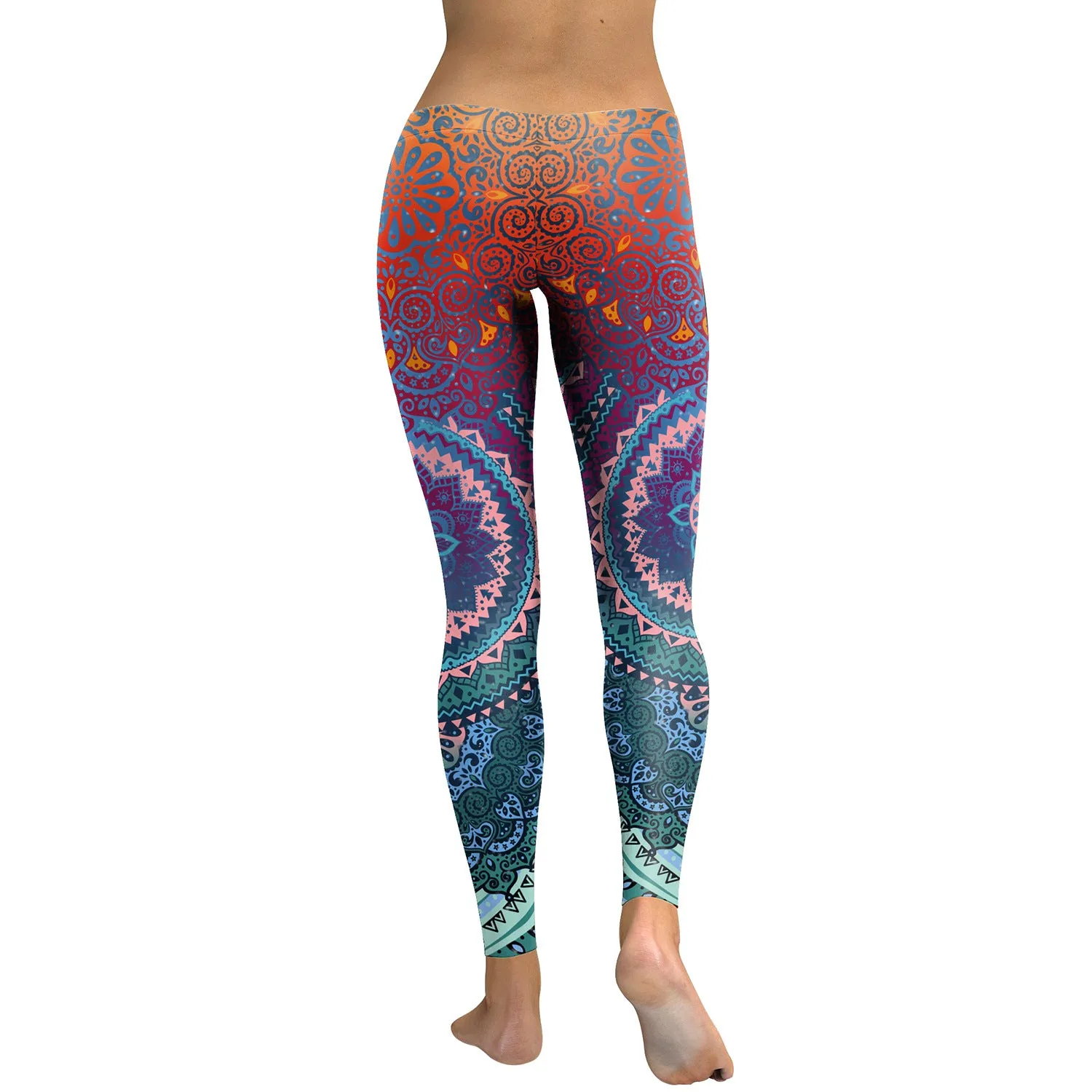 Women's Yoga Leggings - 3D Printed Orange/Green Mandala